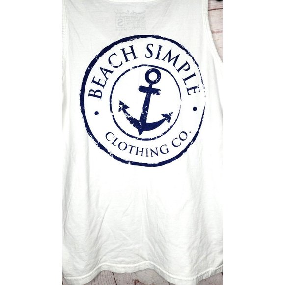 Beach Simple Logo Cotton Blend U.S.A Made Small White Blue Graphics Tank Top - Picture 8 of 8